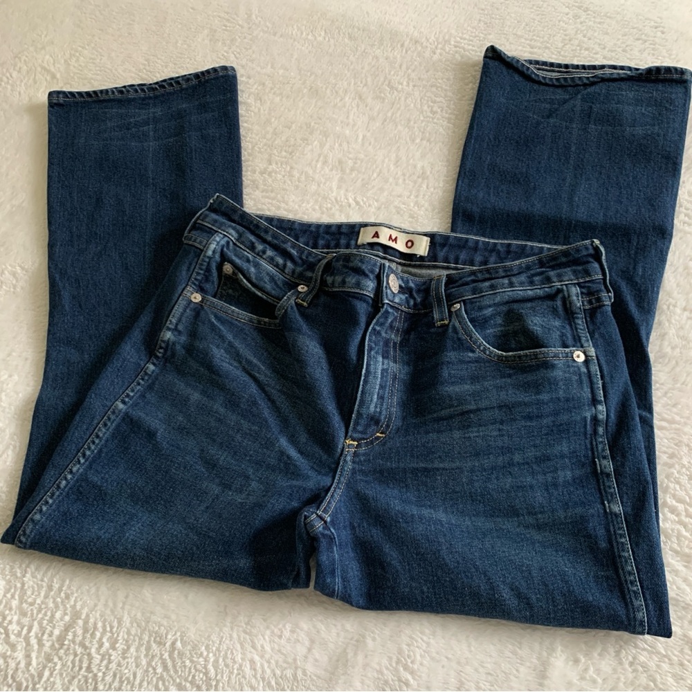 Women’s 30 AMO Denim Jane True Blue Cropped Mid Rise Flare Jeans - Picture 2 of 6